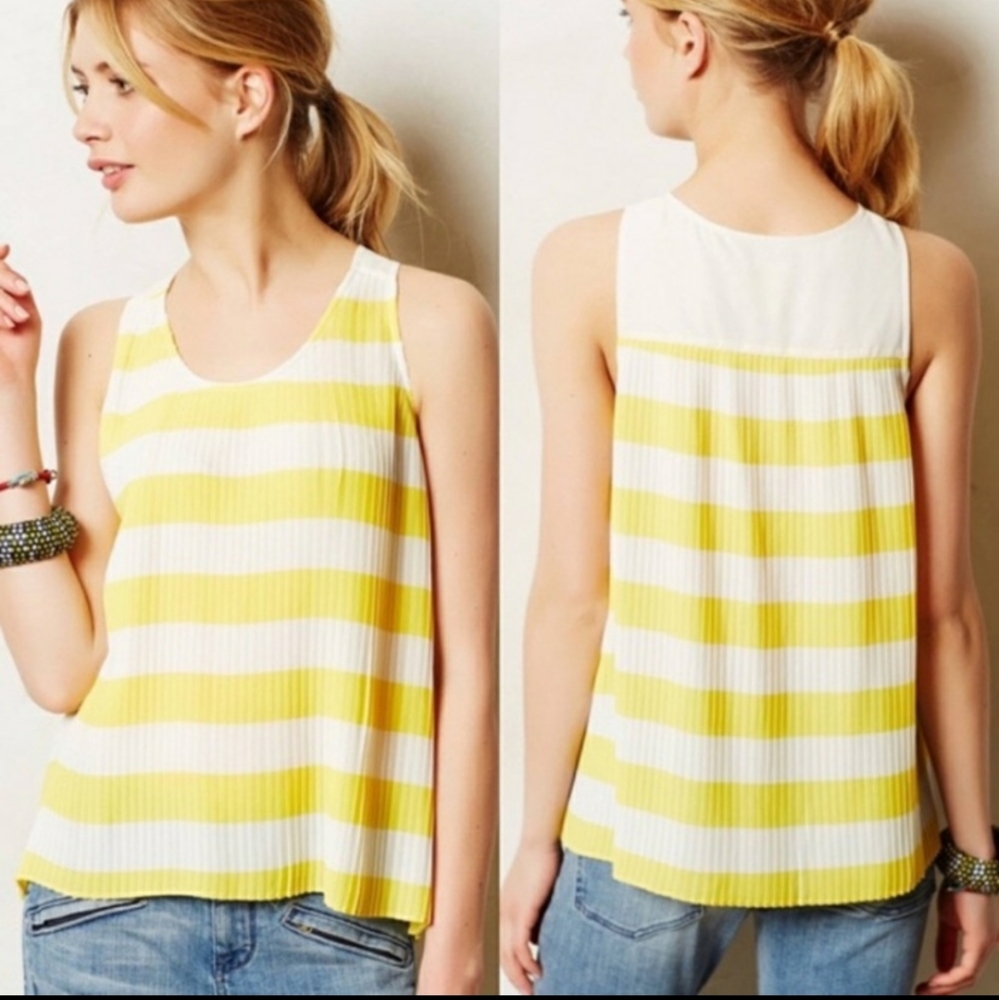 Maeve anthropologie yellow and white striped pleated sleeveless Size 6